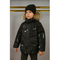 Куртка WKAS зимняя детская с натуральным мехом, флисовая подкладка, холофайбер,Черный с салатовым, 110