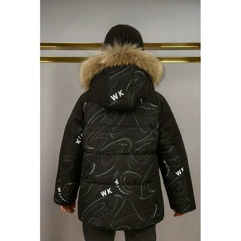 Куртка WKAS зимняя детская с натуральным мехом, флисовая подкладка, холофайбер,Черный с салатовым, 110