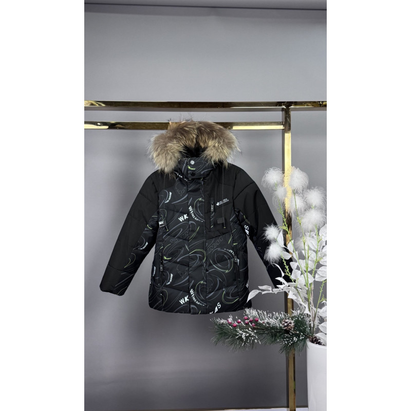 Куртка WKAS зимняя детская с натуральным мехом, флисовая подкладка, холофайбер,Черный с салатовым, 110