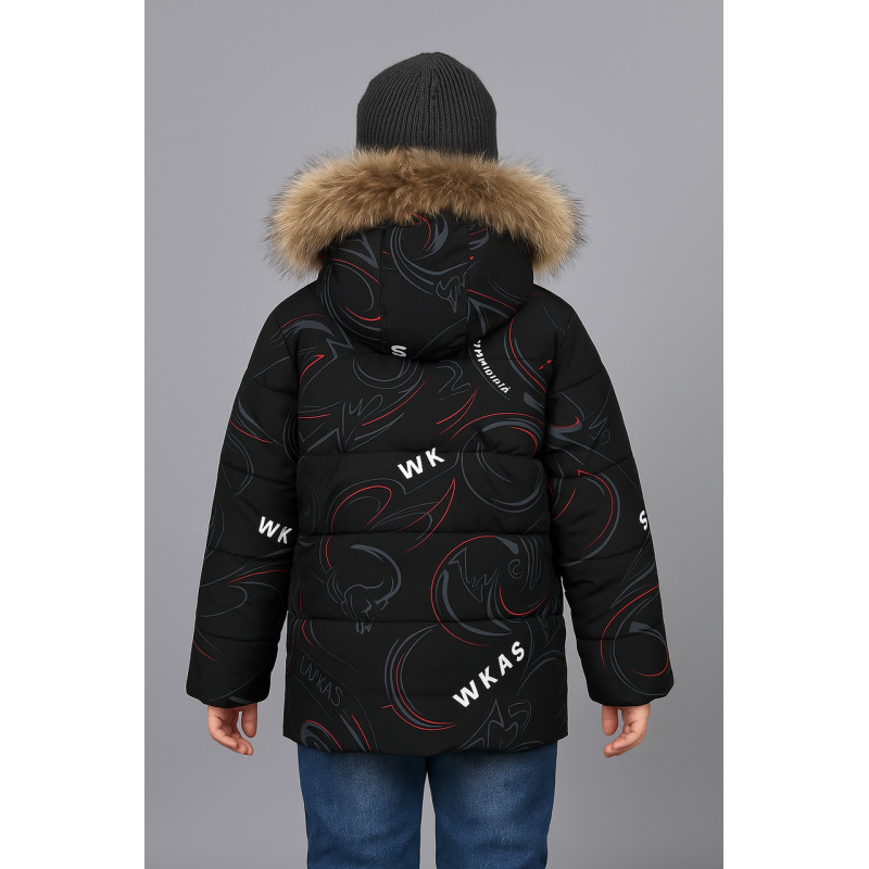 Куртка WKAS зимняя детская с натуральным мехом, флисовая подкладка, холофайбер,Черный с красным, 122