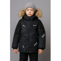 Куртка WKAS зимняя детская с натуральным мехом, флисовая подкладка, холофайбер,Черный с серым, 110