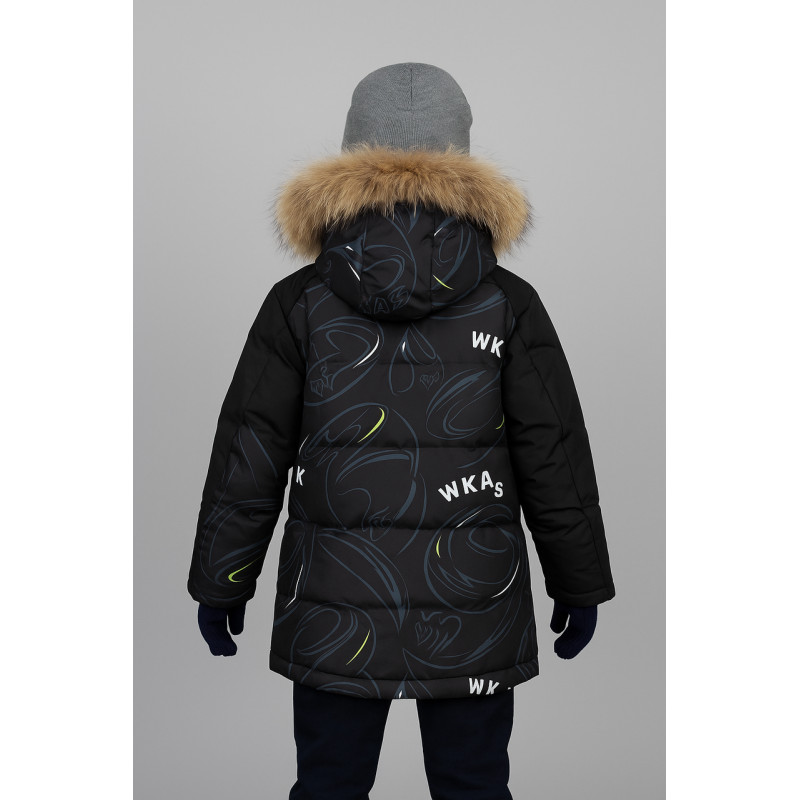 Куртка WKAS зимняя детская с натуральным мехом, флисовая подкладка, холофайбер,Черный с серым, 110