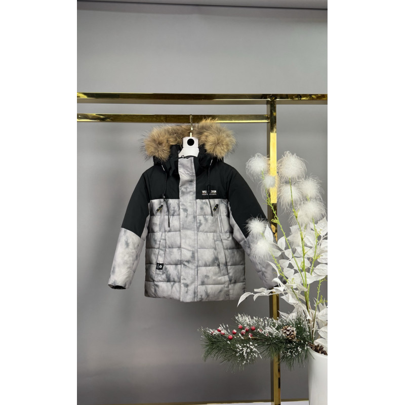 Куртка WKAS зимняя детская с натуральным мехом, флисовая подкладка, холофайбер, от 3 до 7 лет,Оливковый, 122