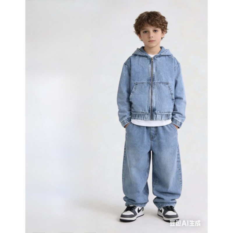 Джинсовая куртка Happy House для мальчика 7-16 лет на молнии с капюшоном свободная подростковая,146-152, Голубой