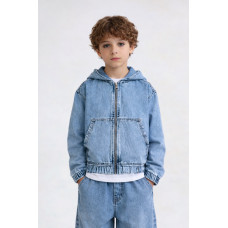 Джинсовая куртка Happy House для мальчика 7-16 лет на молнии с капюшоном свободная подростковая,158-164, Голубой
