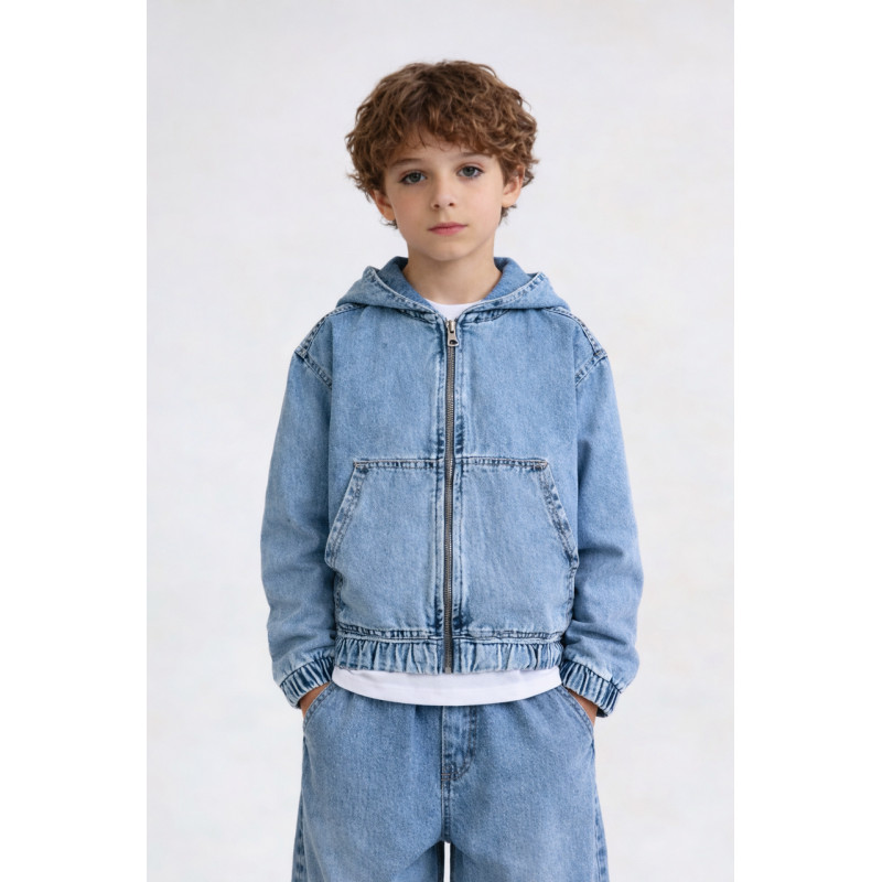 Джинсовая куртка Happy House для мальчика 7-16 лет на молнии с капюшоном свободная подростковая,170-176, Голубой