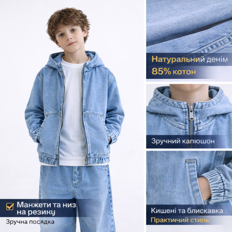 Куртка джинсовая Happy House для мальчика 7–16 лет на молнии с капюшоном подростковая джинсовая куртка,170-176, Голубой