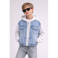 Куртка джинсовая для мальчика Happy House 7-16 лет с трикотажными рукавами и капюшоном подростковая демисезонная,170-176, Белый