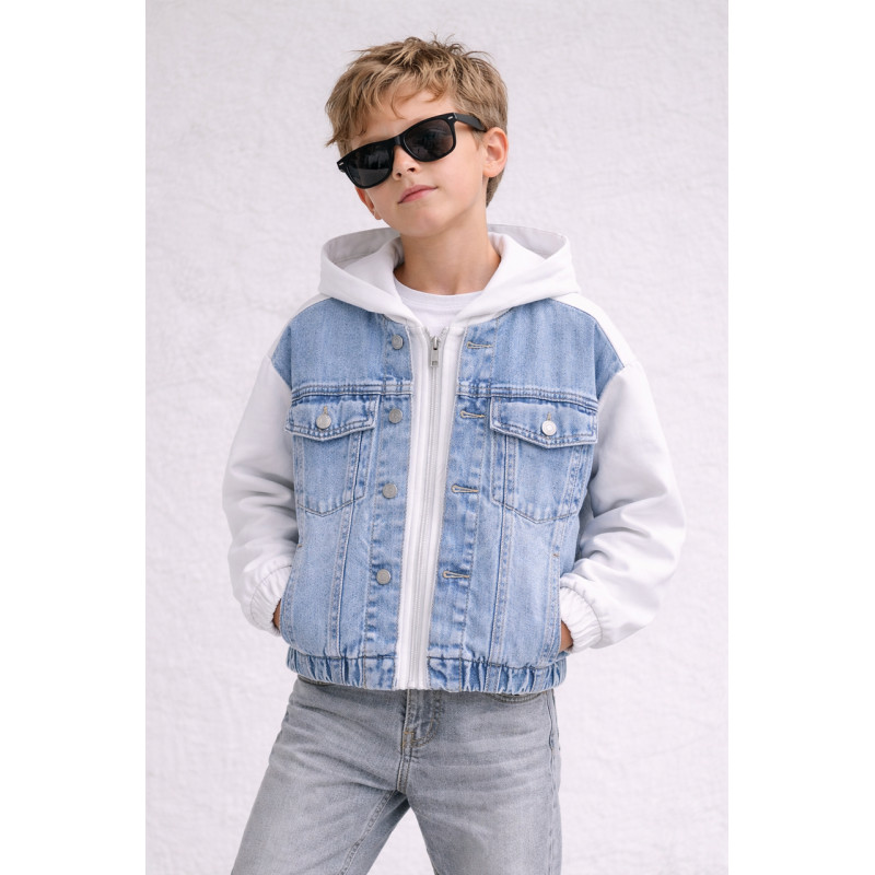 Куртка джинсовая для мальчика Happy House 7-16 лет с трикотажными рукавами и капюшоном подростковая демисезонная,134-140, Белый