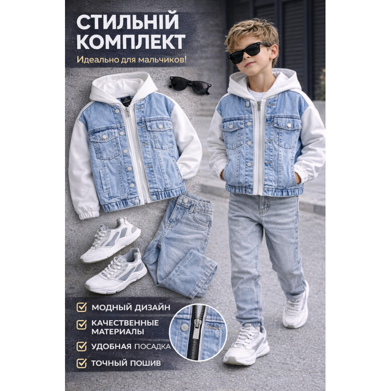 Куртка джинсовая для мальчика Happy House 7-16 лет с трикотажными рукавами и капюшоном подростковая демисезонная,170-176, Белый