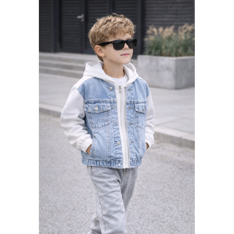 Куртка джинсовая для мальчика Happy House 7-16 лет с трикотажными рукавами и капюшоном подростковая демисезонная,146-152, Белый