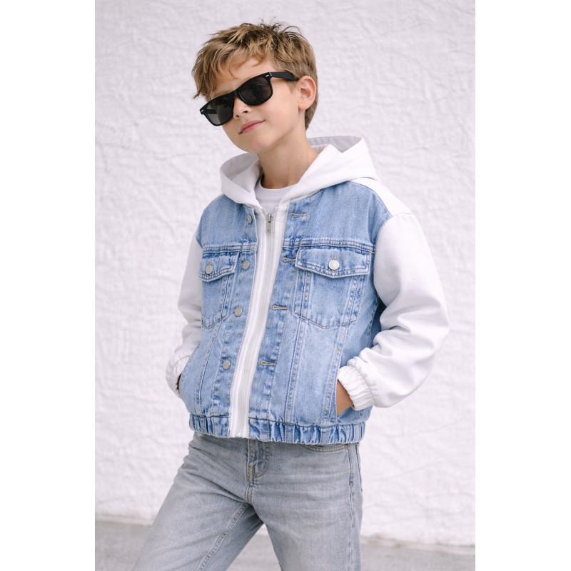 Куртка джинсовая для мальчика Happy House 7-16 лет с трикотажными рукавами и капюшоном подростковая демисезонная,170-176, Белый