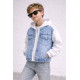 Куртка джинсовая для мальчика Happy House 7-16 лет с трикотажными рукавами и капюшоном подростковая демисезонная,134-140, Белый