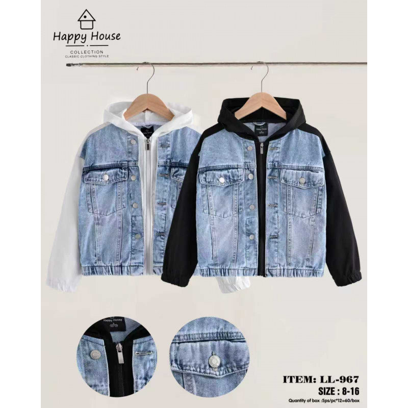 Куртка джинсовая для мальчика Happy House 7-16 лет с трикотажными рукавами и капюшоном подростковая демисезонная,170-176, Черный