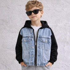 Куртка джинсовая для мальчика Happy House 7-16 лет с трикотажными рукавами и капюшоном подростковая демисезонная,146-152, Черный