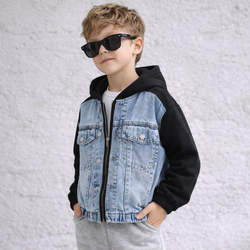 Куртка джинсовая для мальчика Happy House 7-16 лет с трикотажными рукавами и капюшоном подростковая демисезонная,146-152, Черный