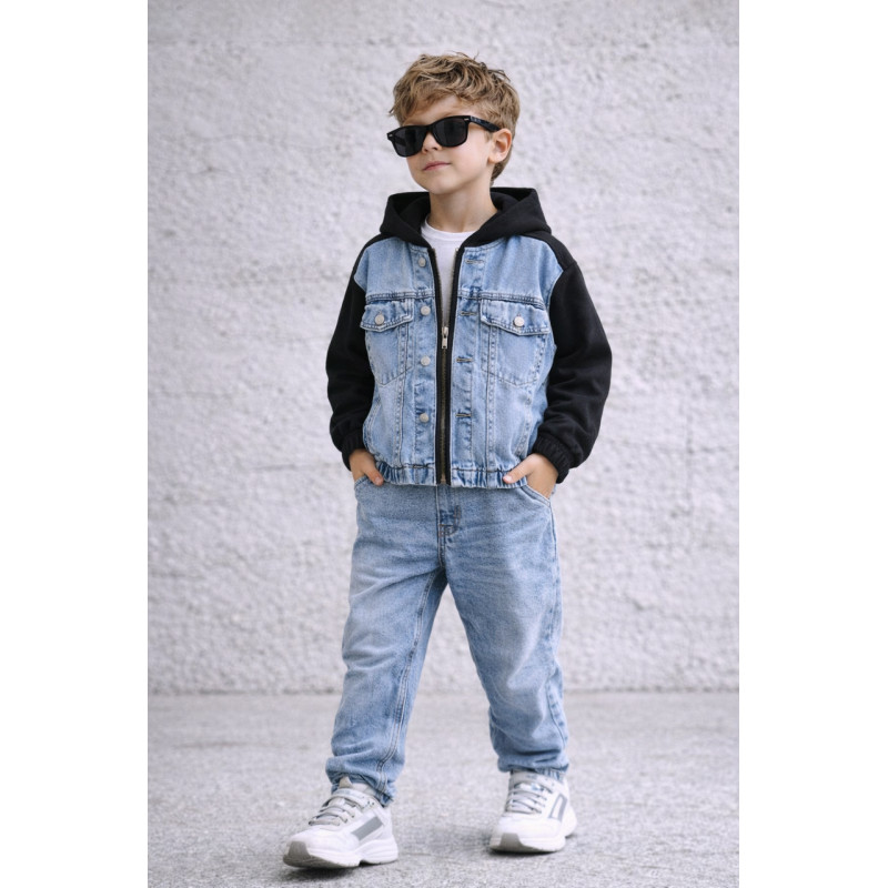 Куртка джинсовая для мальчика Happy House 7-16 лет с трикотажными рукавами и капюшоном подростковая демисезонная,146-152, Черный