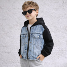 Куртка джинсовая для мальчика Happy House 7-16 лет с трикотажными рукавами и капюшоном подростковая демисезонная,158-164, Черный