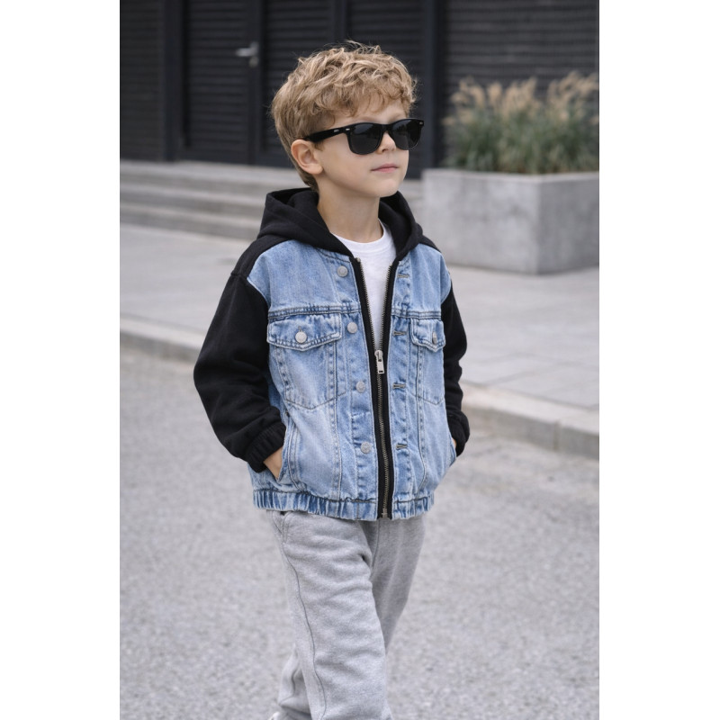 Куртка джинсовая для мальчика Happy House 7-16 лет с трикотажными рукавами и капюшоном подростковая демисезонная,158-164, Черный