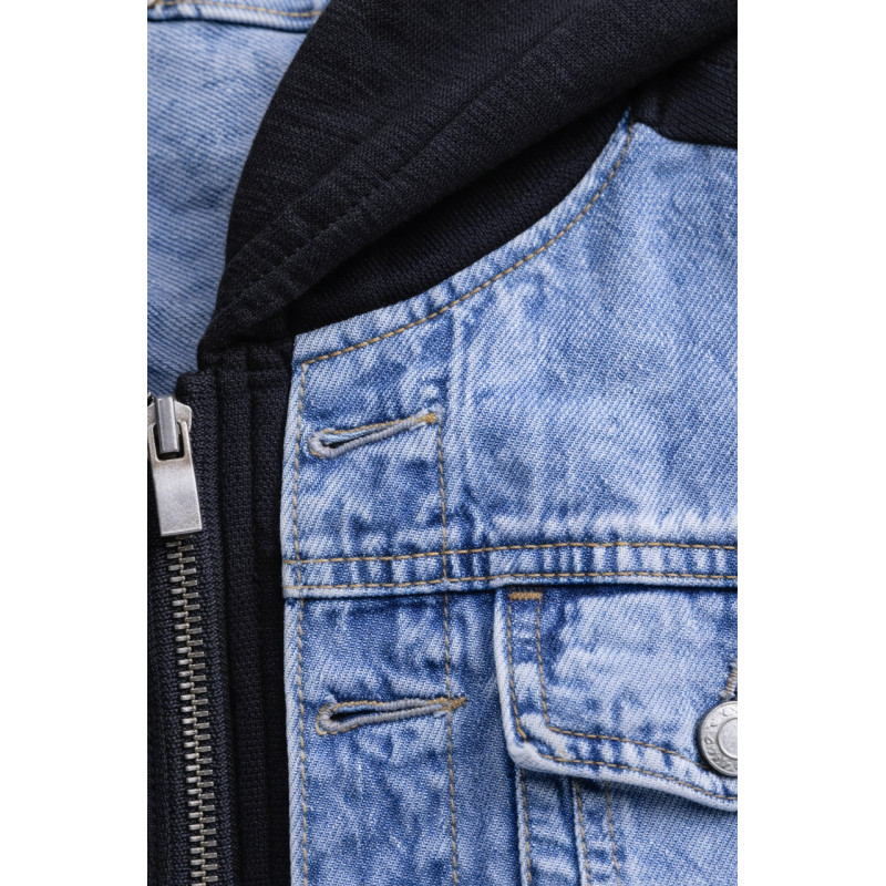 Куртка джинсовая для мальчика Happy House 7-16 лет с трикотажными рукавами и капюшоном подростковая демисезонная,122-128, Черный