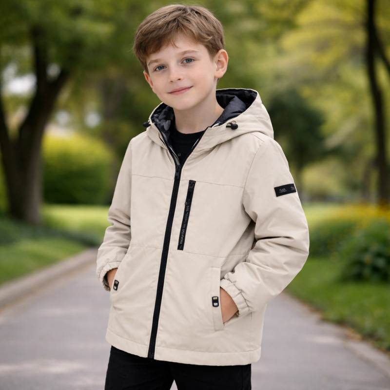 Куртка демисезонная двусторонняя для мальчика Happy House 2 в 1 с капюшоном водоотталкивающая 4-10 лет, 140, Бежевый