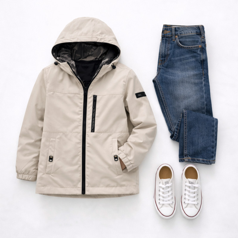 Куртка демисезонная двусторонняя для мальчика Happy House 2 в 1 с капюшоном водоотталкивающая 4-10 лет, 140, Бежевый