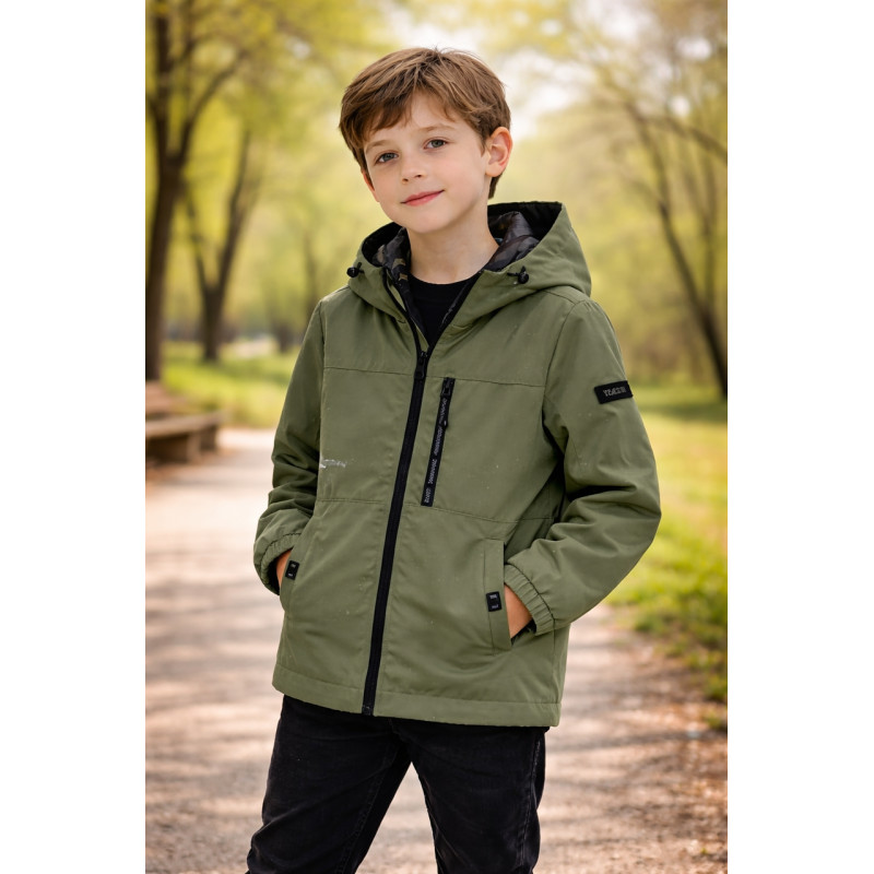 Куртка демисезонная двусторонняя для мальчика Happy House 2 в 1 с капюшоном водоотталкивающая 4-10 лет, 104, Оливковый