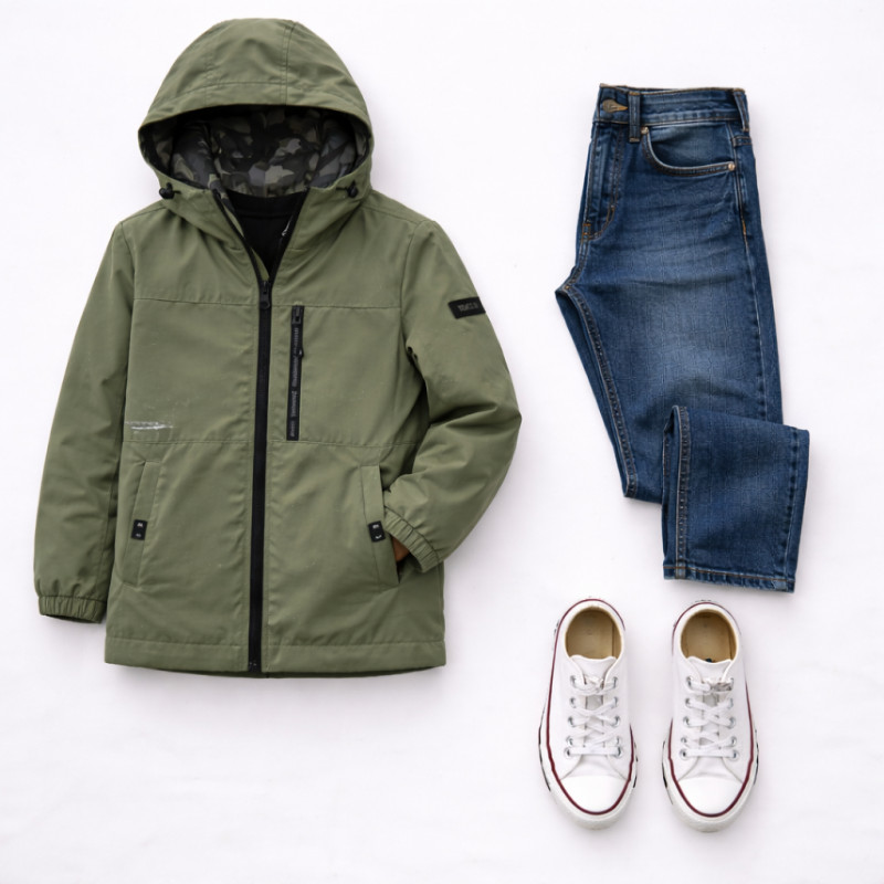 Куртка демисезонная двусторонняя для мальчика Happy House 2 в 1 с капюшоном водоотталкивающая 4-10 лет, 104, Оливковый