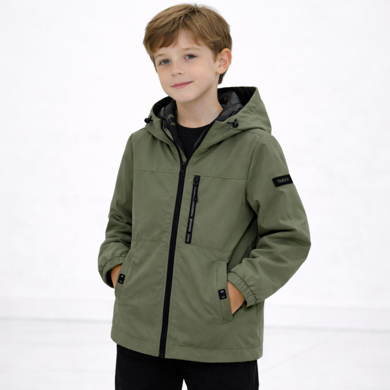 Куртка демисезонная двусторонняя для мальчика Happy House 2 в 1 с капюшоном водоотталкивающая 4-10 лет, 128-134, Оливковый