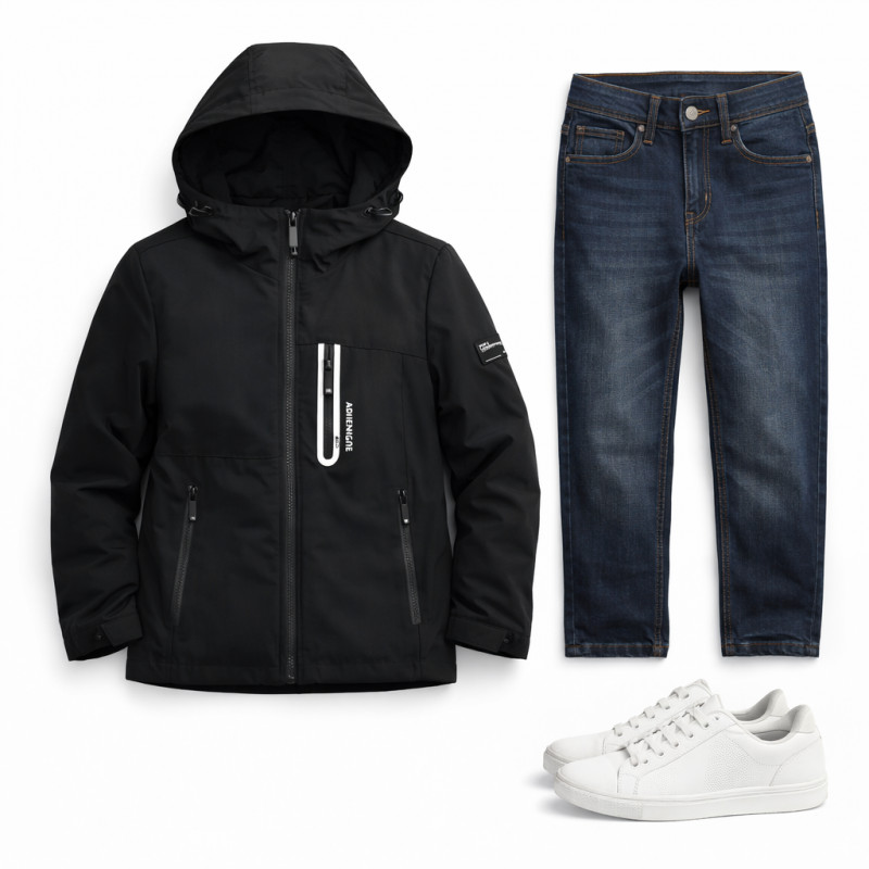 Куртка демисезонная для мальчика Happy House 5-14 лет  легкая куртка детская с капюшоном стеганая подкладка,Черный,  122-128