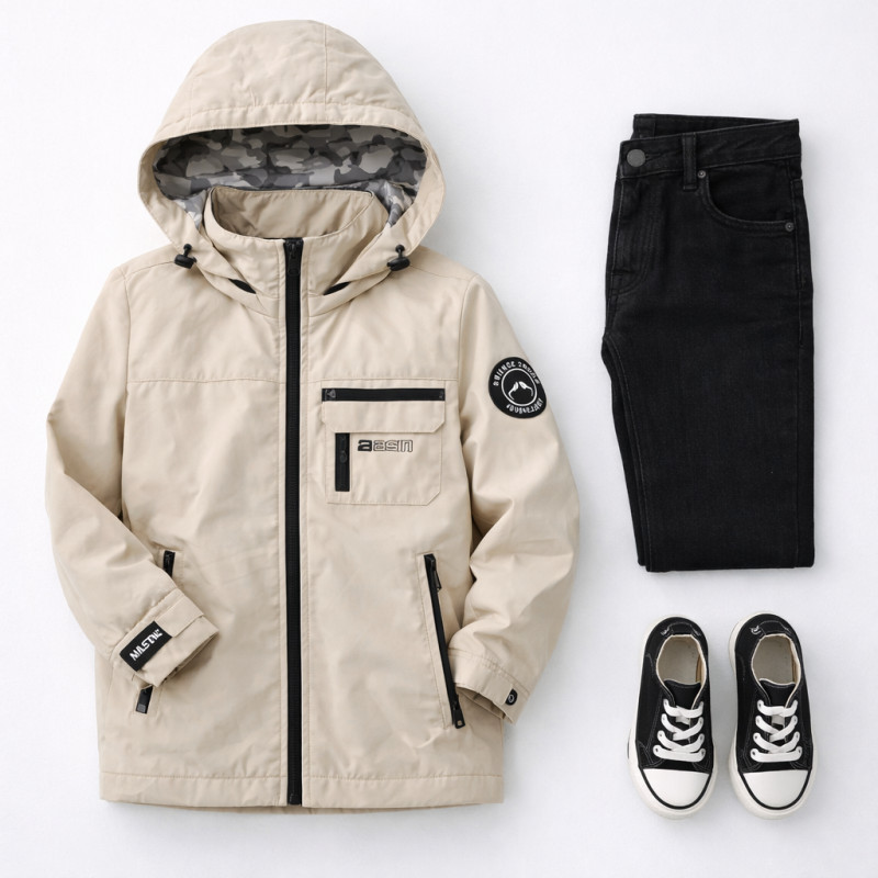 Куртка детская демисезонная Happy House для мальчика 5-14 лет  с капюшоном весна осень,Бежевый,  134-140