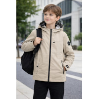 Куртка двухсторонняя Happy House для мальчика 5-14 лет легкая ветровка с капюшоном,Бежевый,  122-128