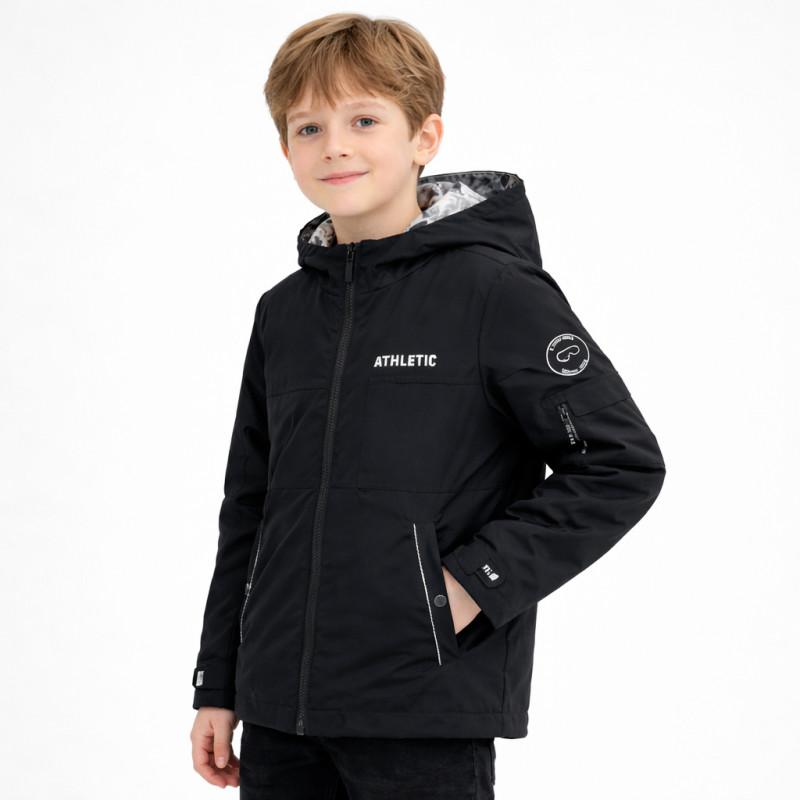 Куртка двухсторонняя Happy House для мальчика 5-14 лет легкая ветровка с капюшоном,Черный,  122-128