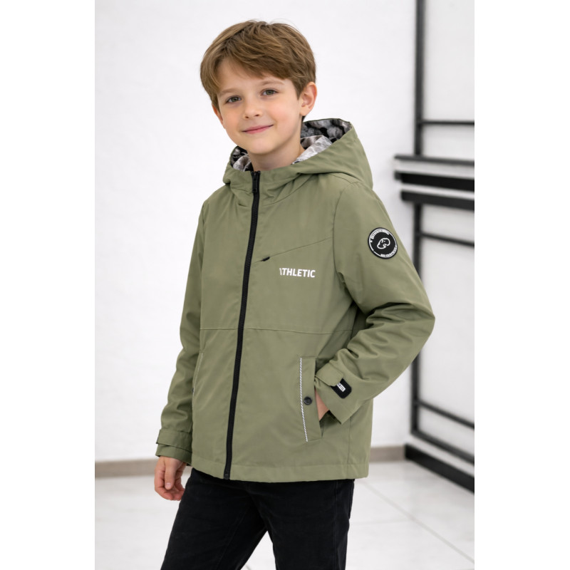 Куртка двухсторонняя Happy House для мальчика 5-14 лет легкая ветровка с капюшоном,Оливковый,  134-140