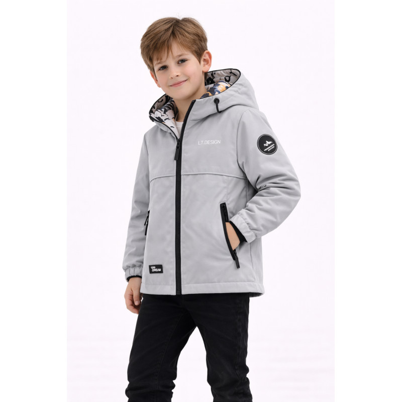Куртка демисезонная двухсторонняя Happy House для мальчика 5-14 лет ветровка детская легкая водонепроницаемая с капюшоном,Серый,