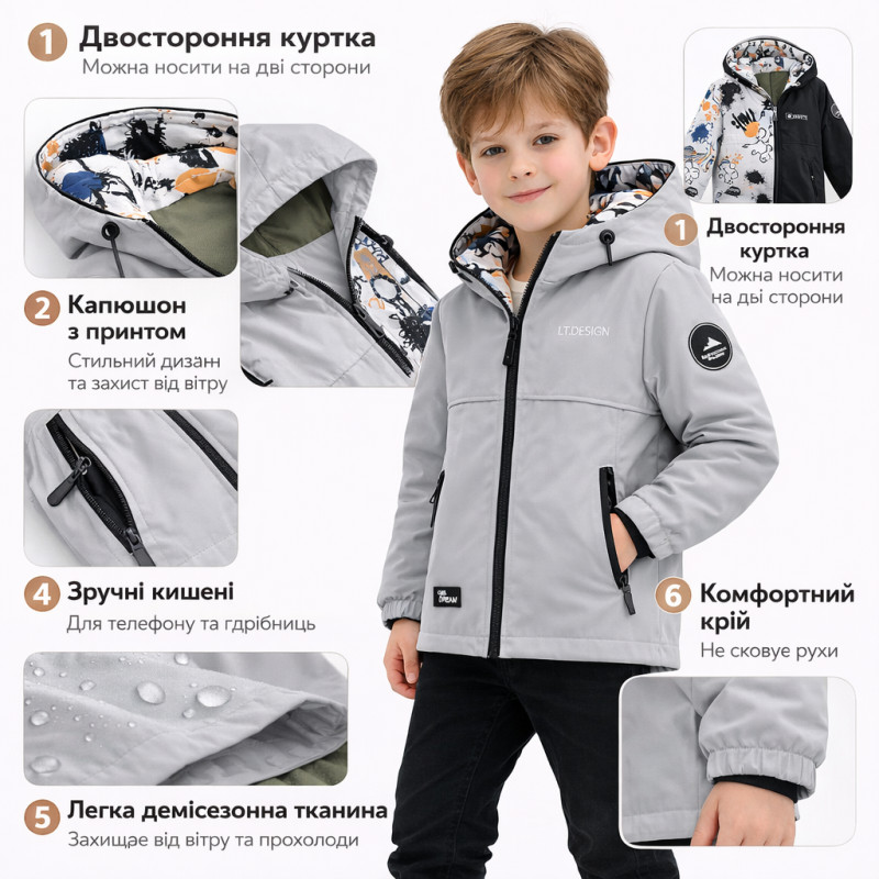 Куртка демисезонная двухсторонняя Happy House для мальчика 5-14 лет ветровка детская легкая водонепроницаемая с капюшоном,Серый,
