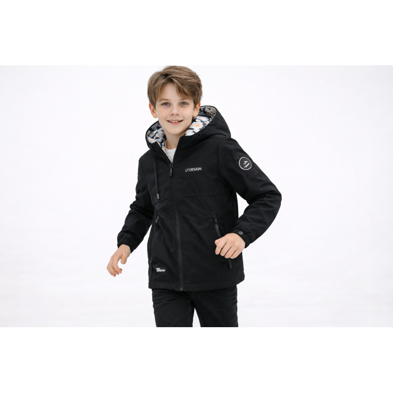 Куртка демисезонная двухсторонняя Happy House для мальчика 5-14 лет ветровка детская легкая водонепроницаемая с капюшоном,Черный,