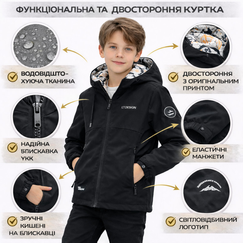 Куртка демисезонная двухсторонняя Happy House для мальчика 5-14 лет ветровка детская легкая водонепроницаемая с капюшоном,Черный,