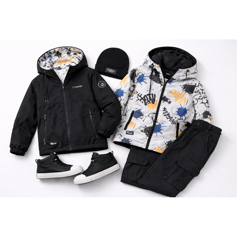 Куртка демисезонная двухсторонняя Happy House для мальчика 5-14 лет ветровка детская легкая водонепроницаемая с капюшоном,Черный,