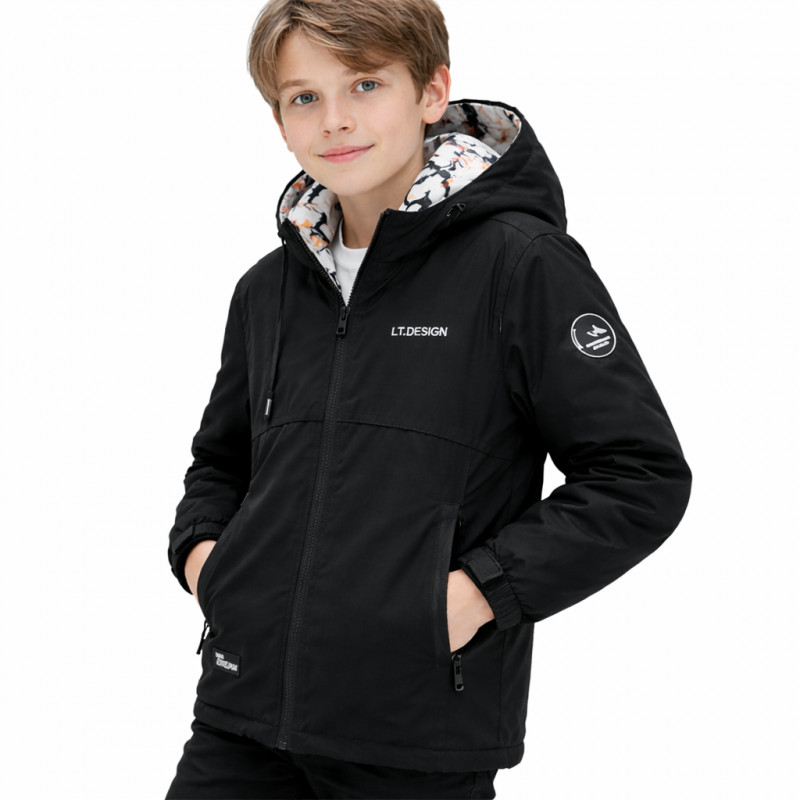 Куртка демисезонная двухсторонняя Happy House для мальчика 5-14 лет ветровка детская легкая водонепроницаемая с капюшоном,Черный,