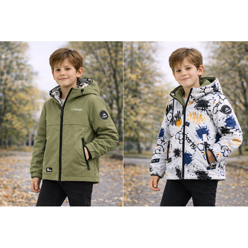 Куртка демисезонная двухсторонняя Happy House для мальчика 5-14 лет ветровка детская легкая водонепроницаемая с капюшоном,Зеленый,