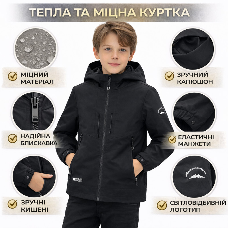 Куртка ветровка детская для мальчика Happy House демисезонная с капюшоном водоотталкивающая 5–14 лет,Черный,  110-116