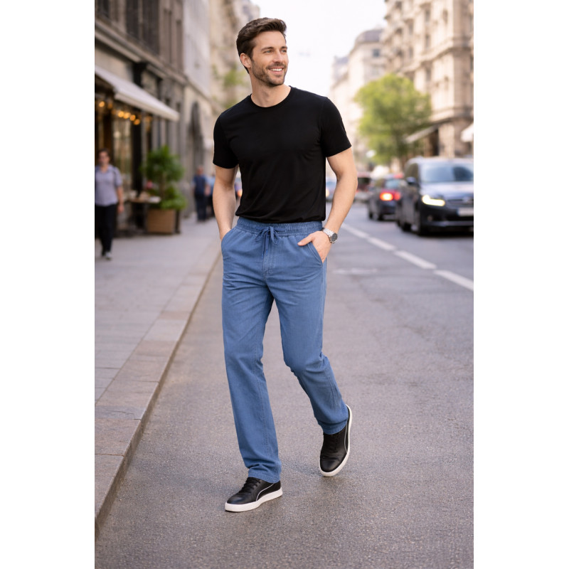 Джинсы мужские BaSanJiu летние облегченные прямые с резинкой на поясе повседневные,34  Синий
