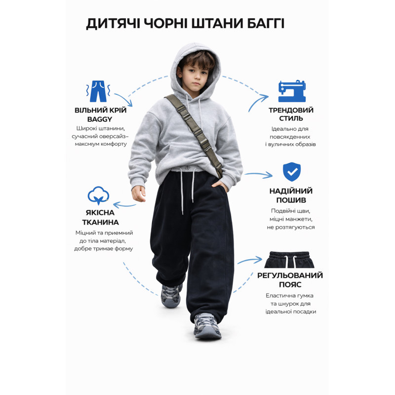 Штаны для мальчика спортивные KDBB багги широкие трикотажные подростковые свободного кроя ,Черный ,130