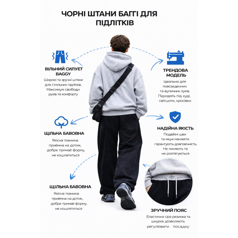 Штаны для мальчика спортивные KDBB багги широкие трикотажные подростковые свободного кроя ,Черный ,164