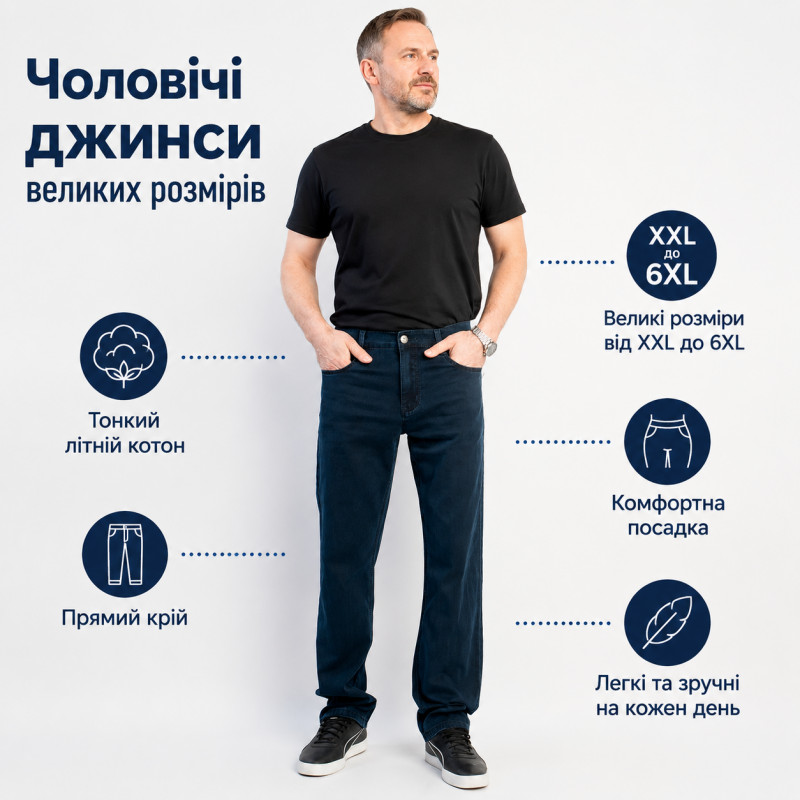 Джинсы BaSanJiu мужские летние коттоновые большие размеры 34-44, 34, Темно-синий