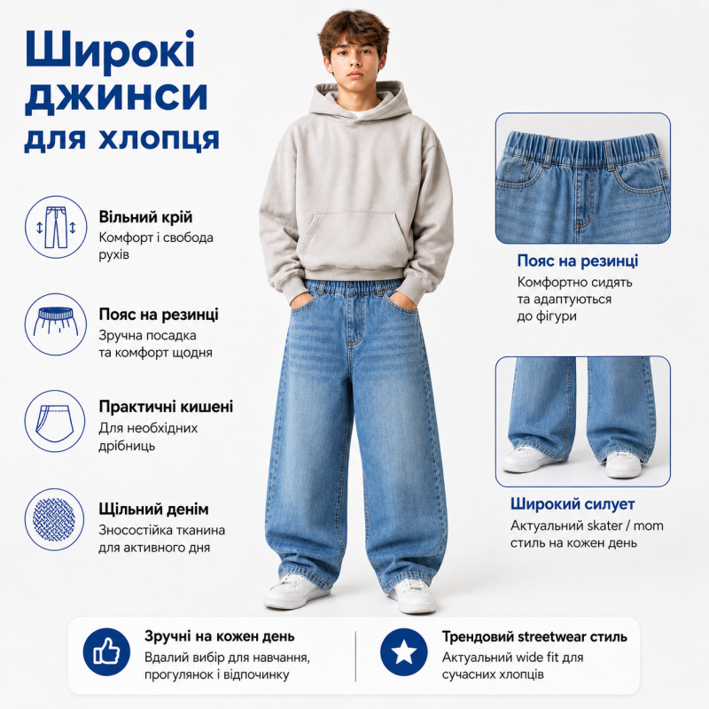 Широкие джинсы скейтер YZTH для мальчика подростка 12-17 лет на резинке baggy,Голубой 164