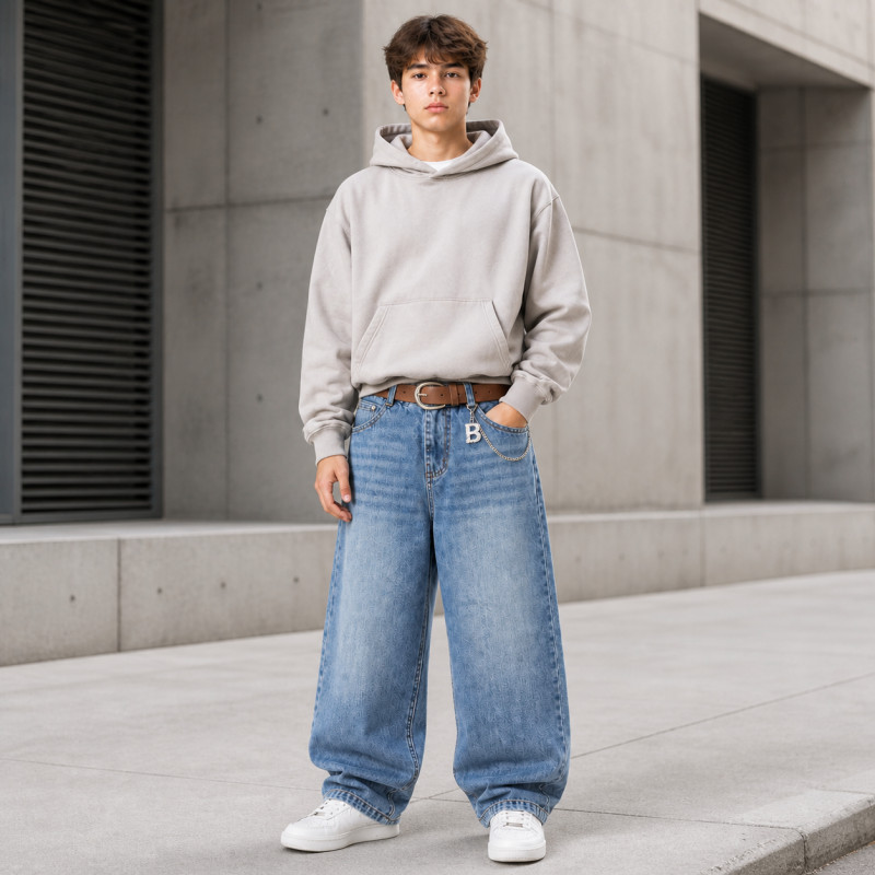 Широкие джинсы скейтер YZTH для мальчика подростка 12-17 лет на резинке baggy,Голубой 164