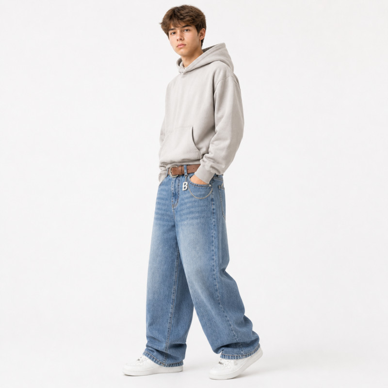Широкие джинсы скейтер YZTH для мальчика подростка 12-17 лет на резинке baggy,Голубой 176