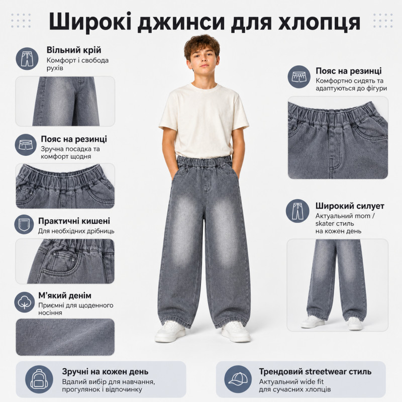 Широкие джинсы скейтер YZTH для мальчика подростка 12-17 лет на резинке baggy,Серый 164